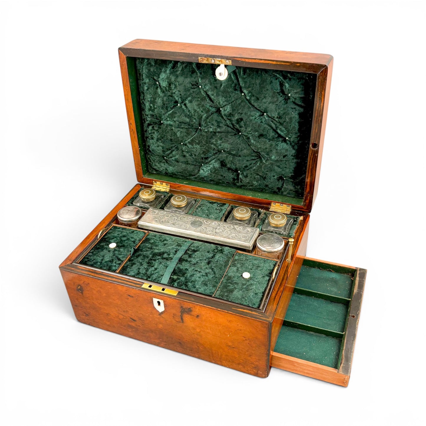 Victorian burr walnut fitted vanity box with secret mirror and drawer