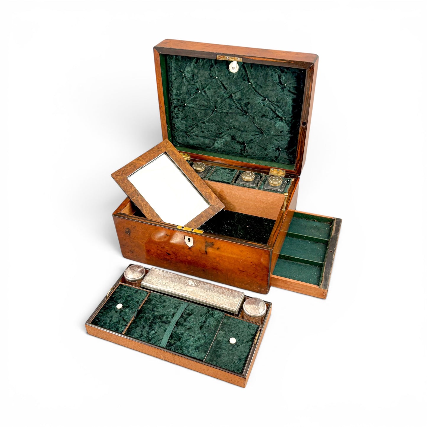 Victorian burr walnut fitted vanity box with secret mirror and drawer