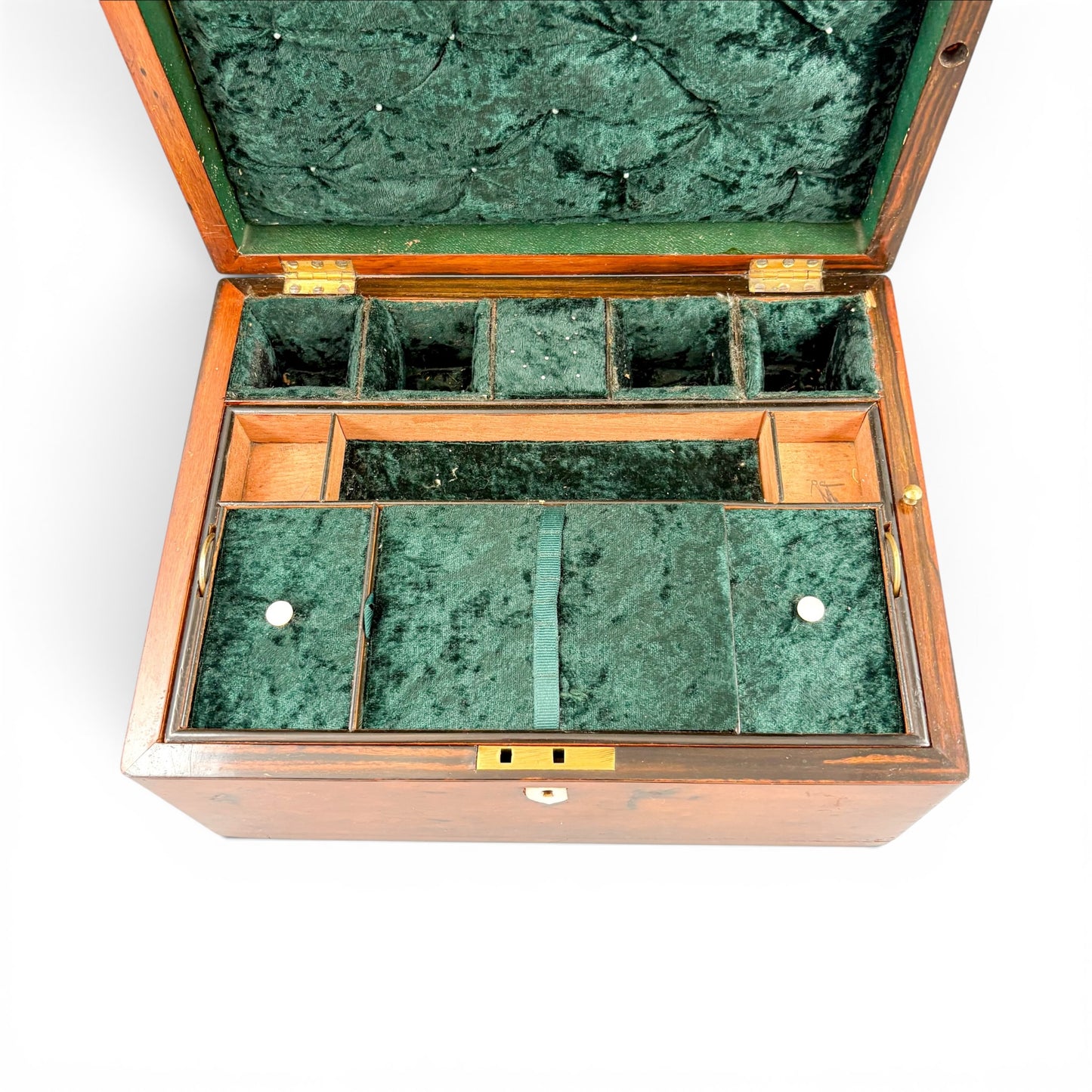 Victorian burr walnut fitted vanity box with secret mirror and drawer