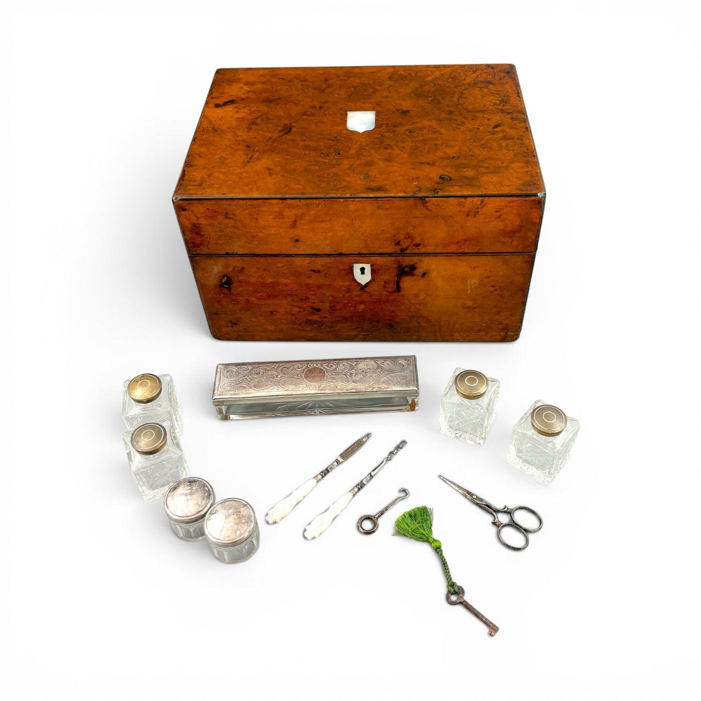 Victorian burr walnut fitted vanity box with secret mirror and drawer
