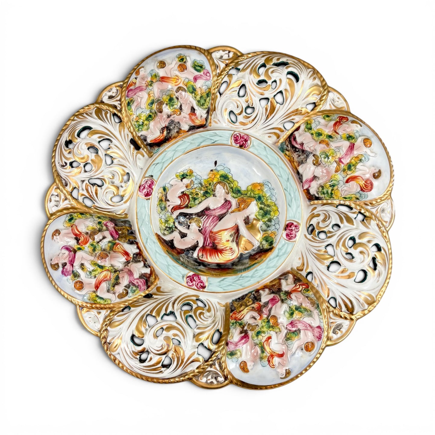 Capodimonte pierced porcelain dish, mythological scenes