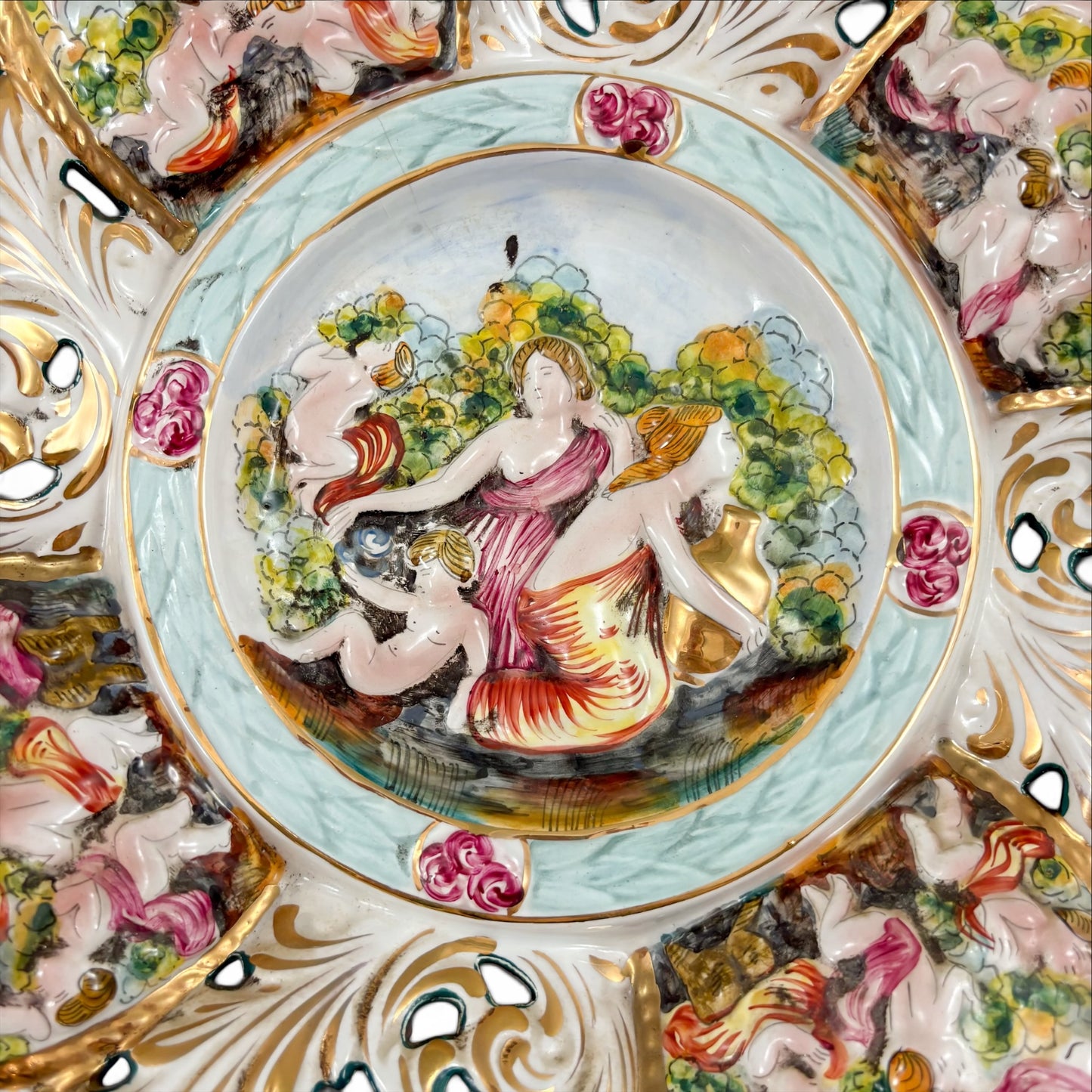 Capodimonte pierced porcelain dish, mythological scenes