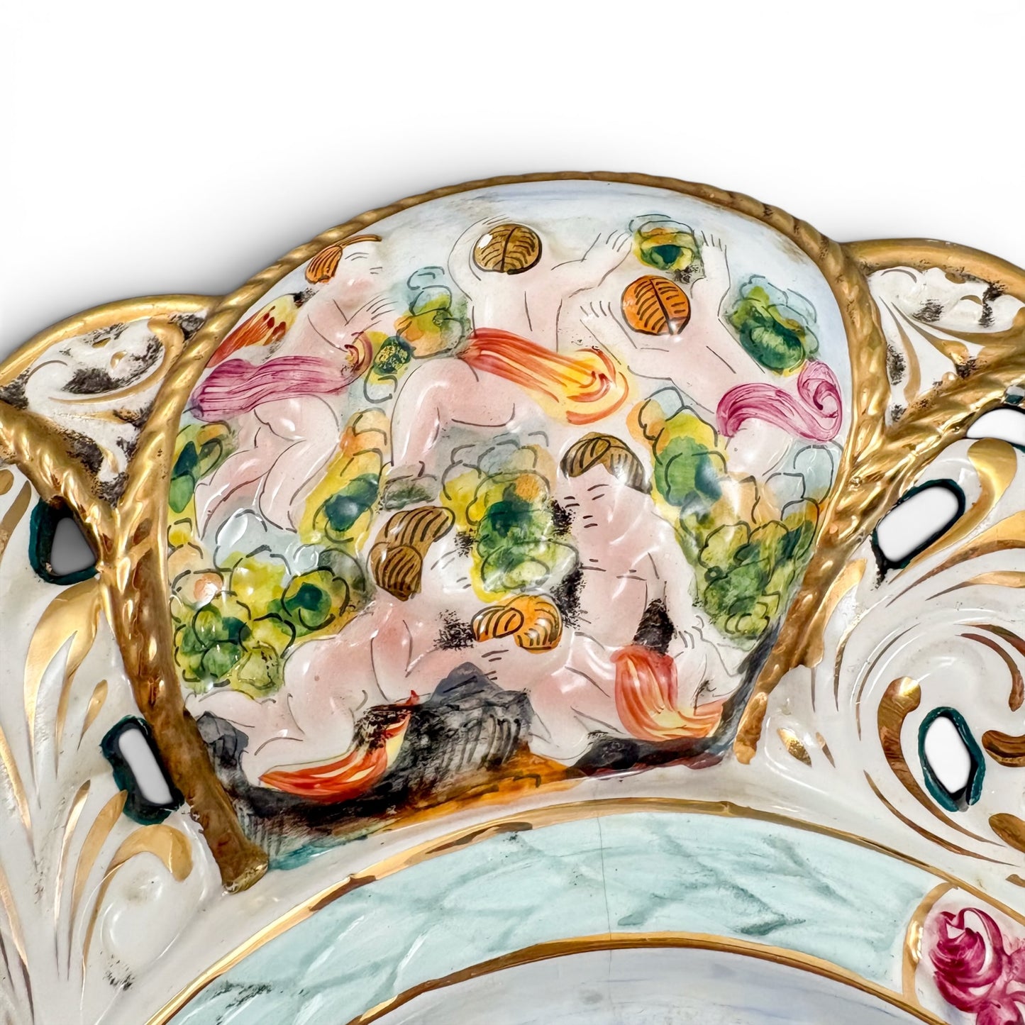Capodimonte pierced porcelain dish, mythological scenes