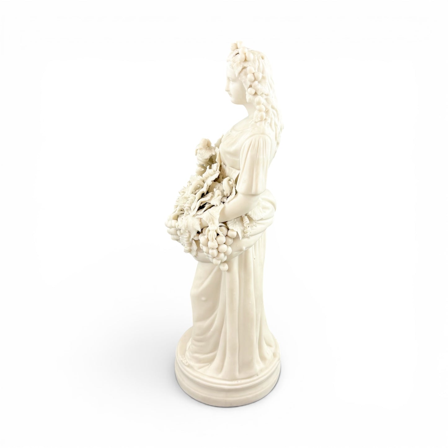 Large Victorian Parian ware Bacchante figure with basket of grapes, c.1860