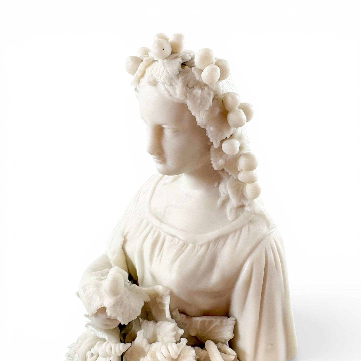 Large Victorian Parian ware Bacchante figure with basket of grapes, c.1860