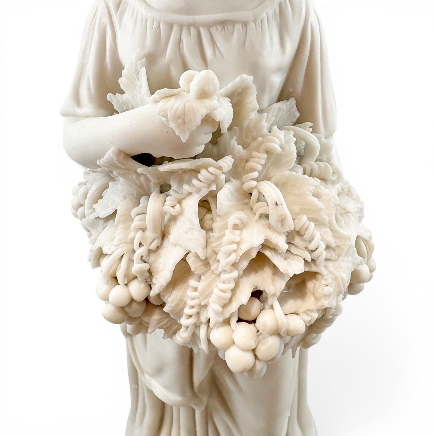 Large Victorian Parian ware Bacchante figure with basket of grapes, c.1860