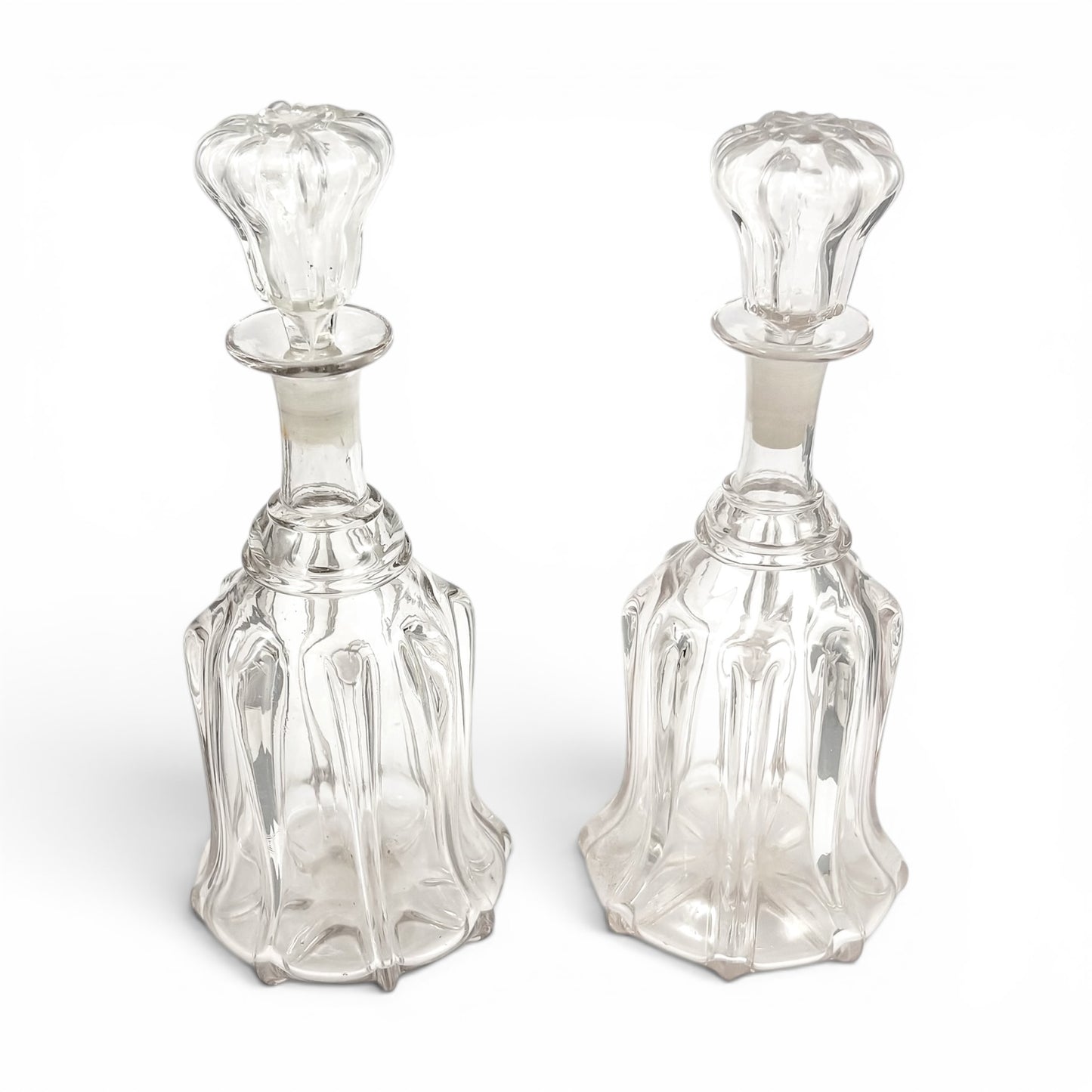 Pair of Victorian pillar-moulded bell decanters with stoppers