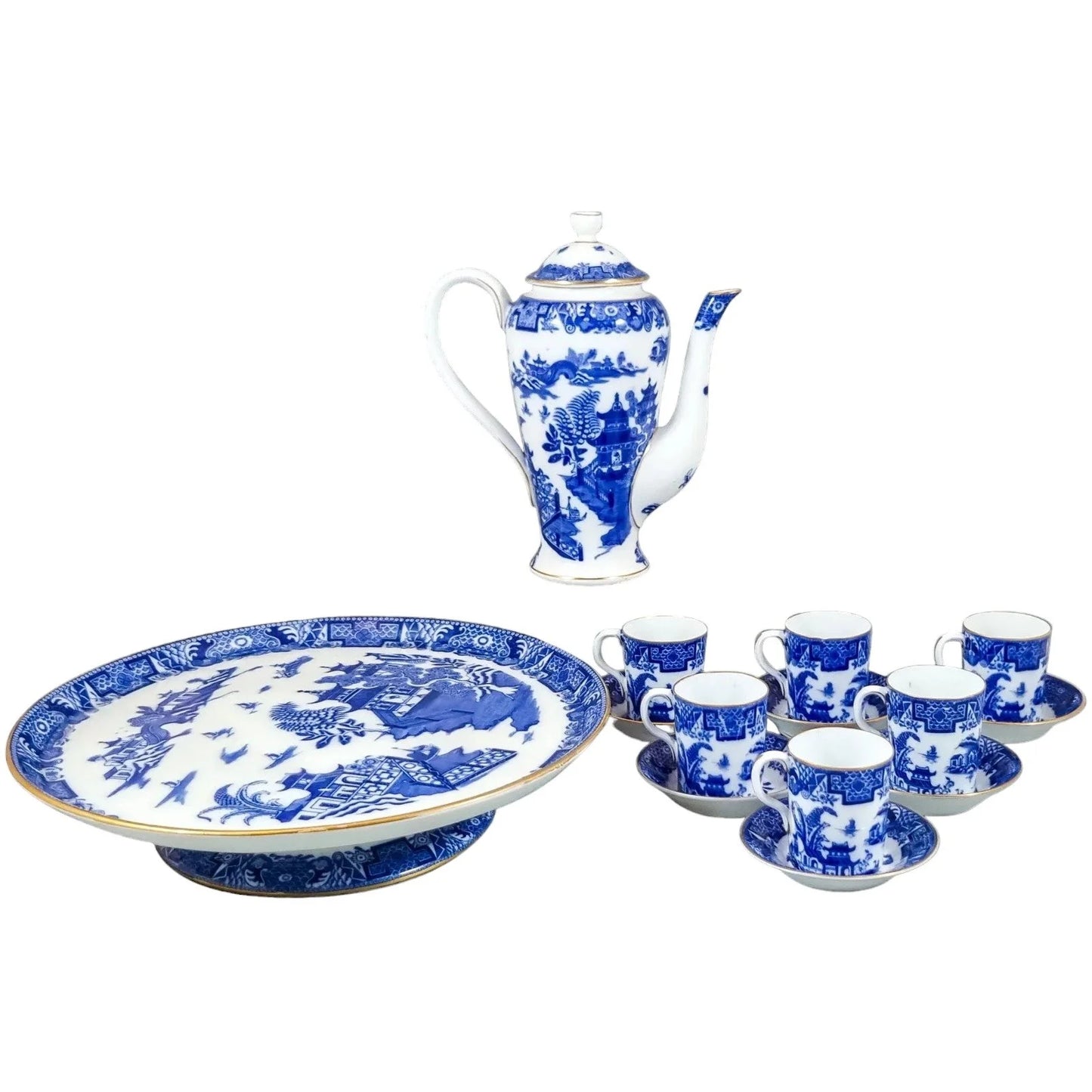 1917 Royal Worcester Chinoiserie Blue Willow porcelain 14 piece coffee service for 6 persons with tazza, cups, saucers and coffeepot