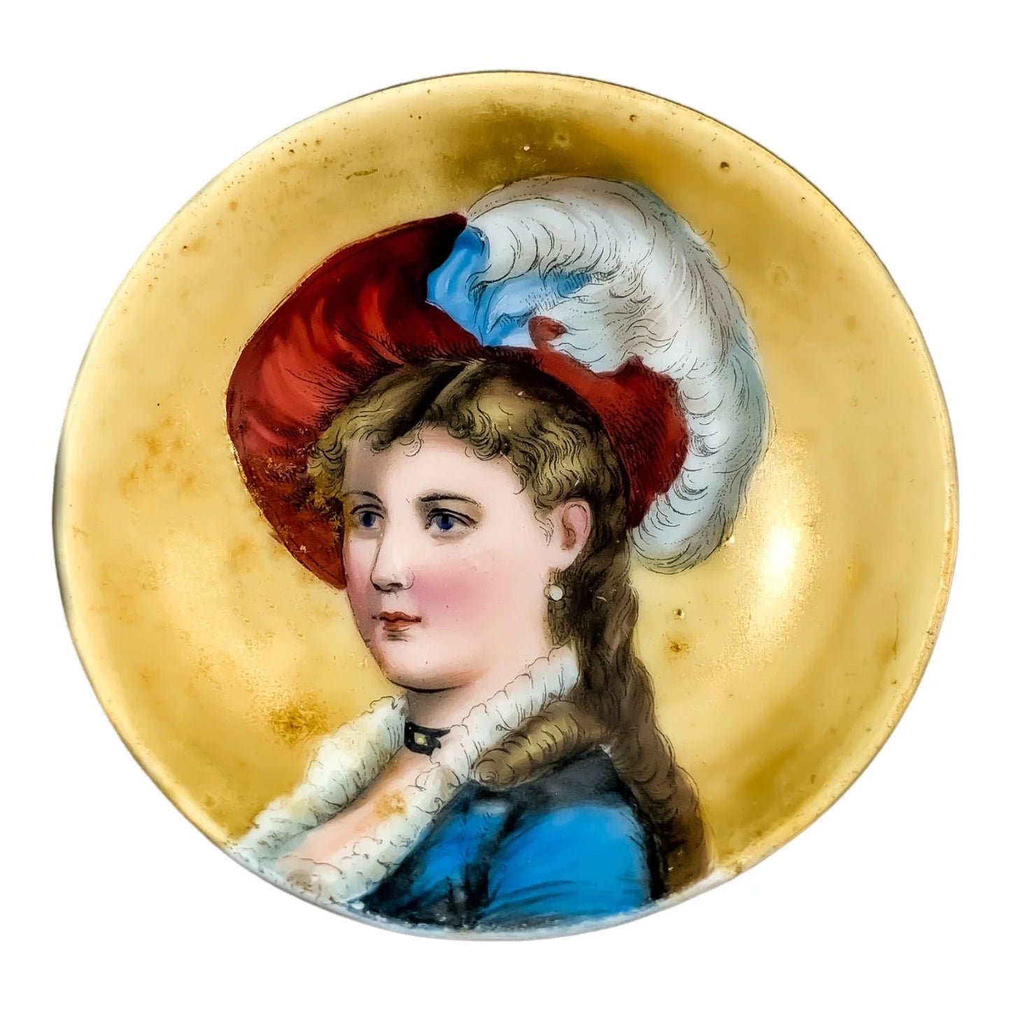 19th Century German Biedermeier KPM miniature porcelain bowl / trinket dish with portrait of lady in feather hat