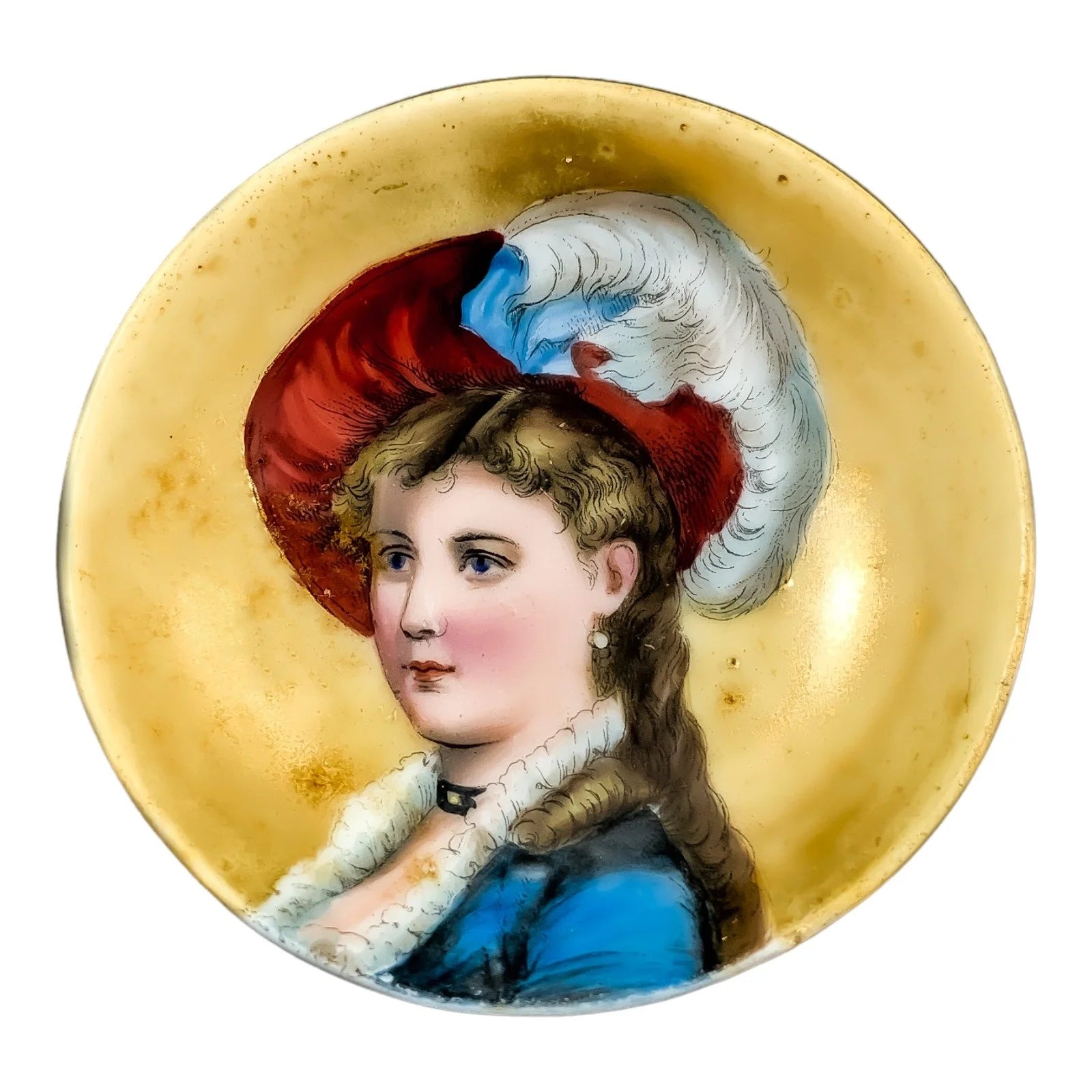 19th Century German Biedermeier KPM miniature porcelain bowl / trinket dish with portrait of lady in feather hat