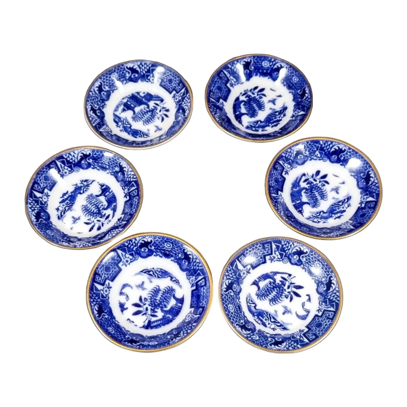 1917 Royal Worcester Chinoiserie Blue Willow porcelain 14 piece coffee service for 6 persons with tazza, cups, saucers and coffeepot