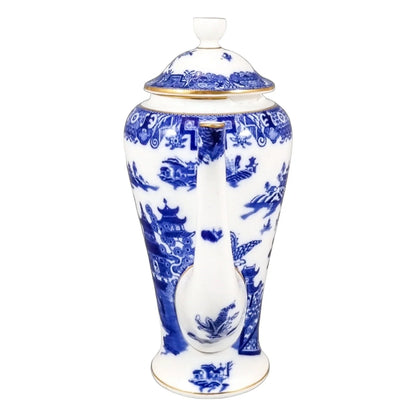 1917 Royal Worcester Chinoiserie Blue Willow porcelain 14 piece coffee service for 6 persons with tazza, cups, saucers and coffeepot