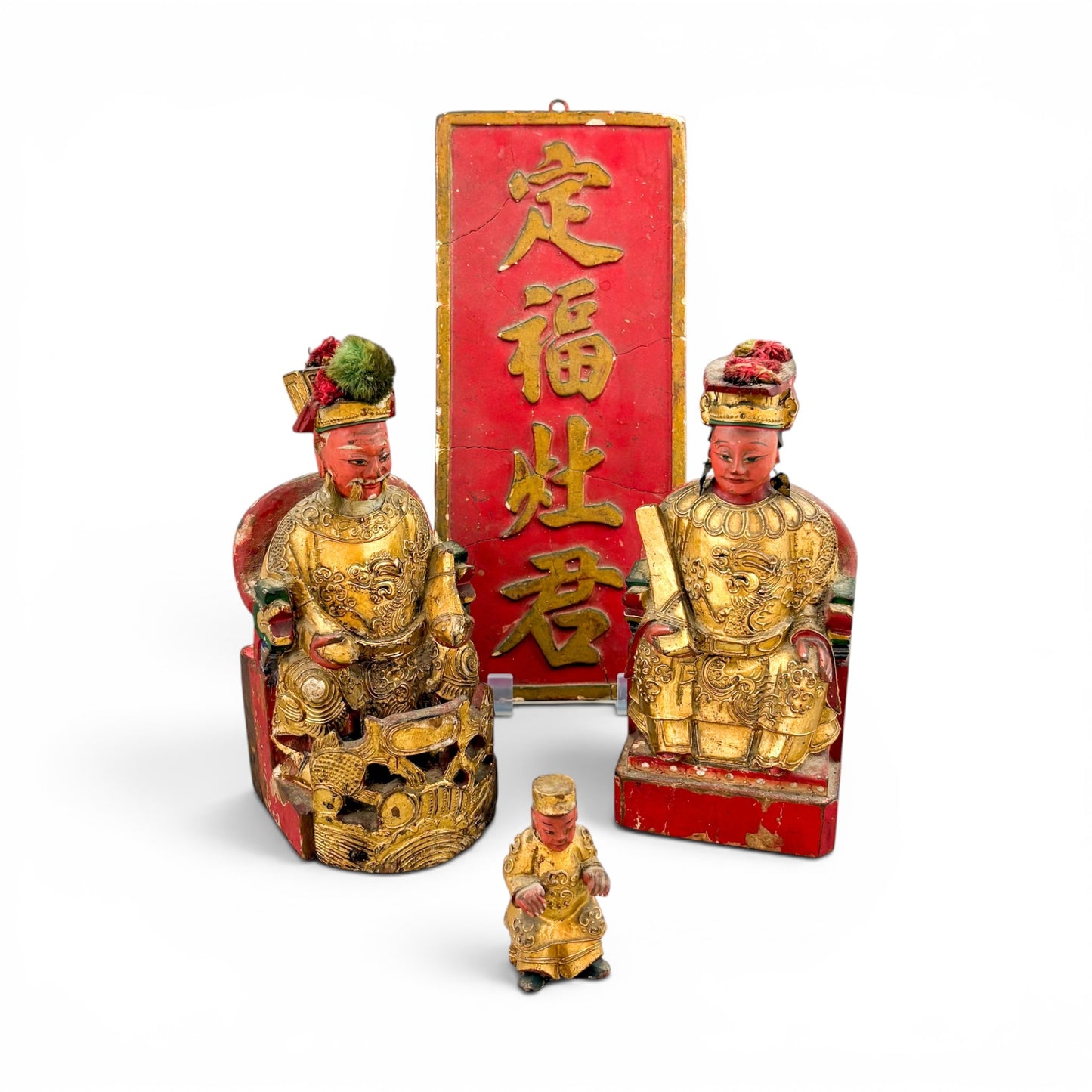 Qing dynasty Chinese giltwood Kitchen God shrine figures