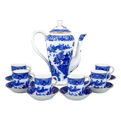 1917 Royal Worcester Chinoiserie Blue Willow porcelain 14 piece coffee service for 6 persons with tazza, cups, saucers and coffeepot