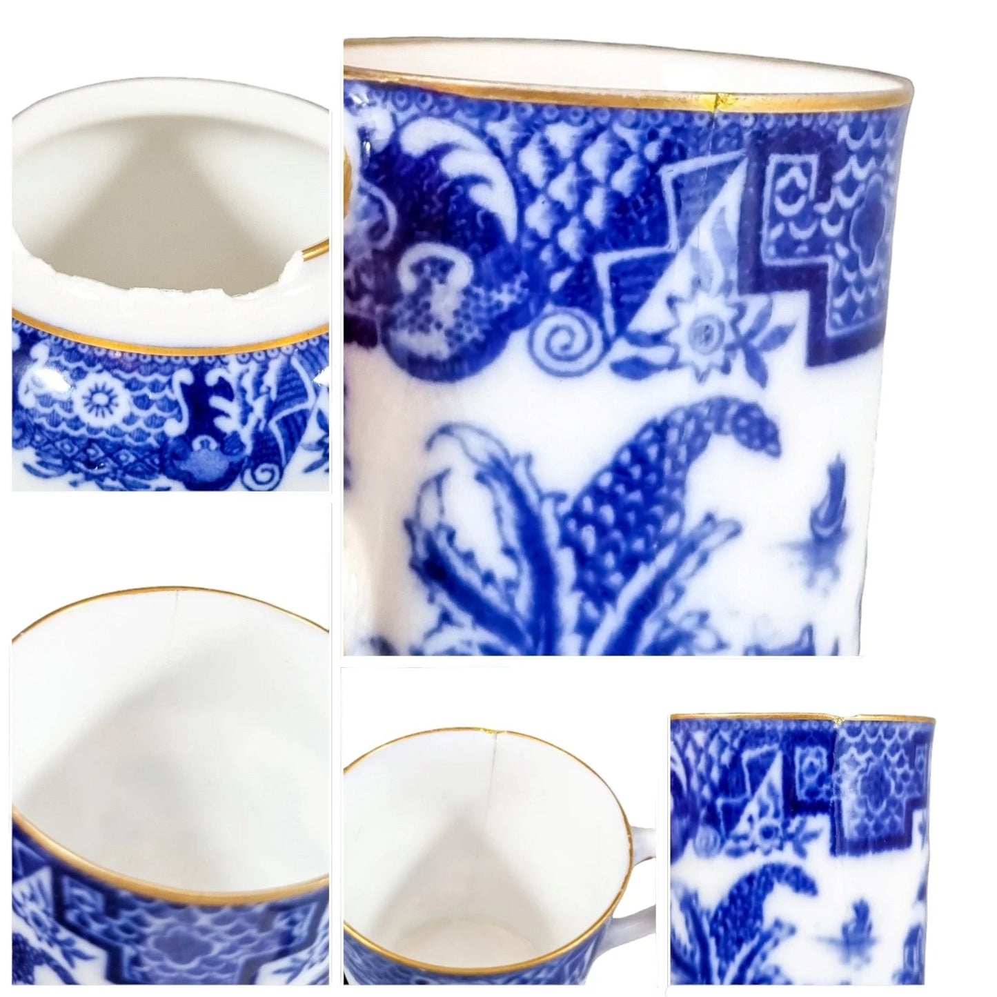 1917 Royal Worcester Chinoiserie Blue Willow porcelain 14 piece coffee service for 6 persons with tazza, cups, saucers and coffeepot