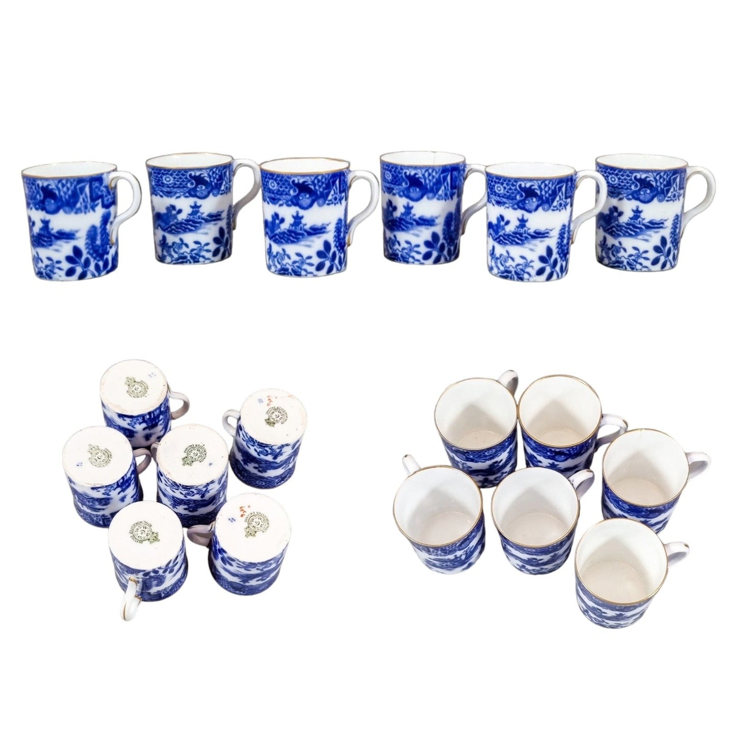 1917 Royal Worcester Chinoiserie Blue Willow porcelain 14 piece coffee service for 6 persons with tazza, cups, saucers and coffeepot