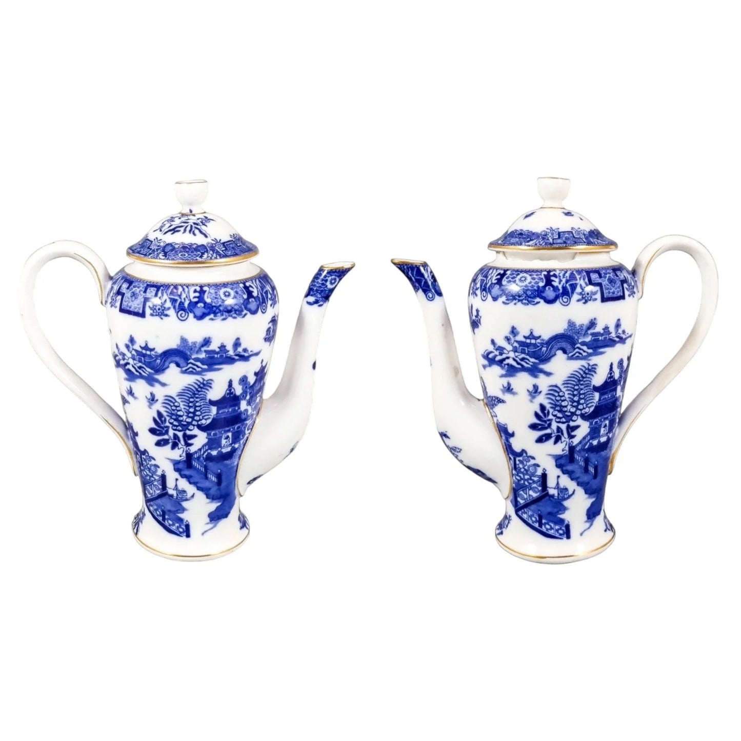 1917 Royal Worcester Chinoiserie Blue Willow porcelain 14 piece coffee service for 6 persons with tazza, cups, saucers and coffeepot