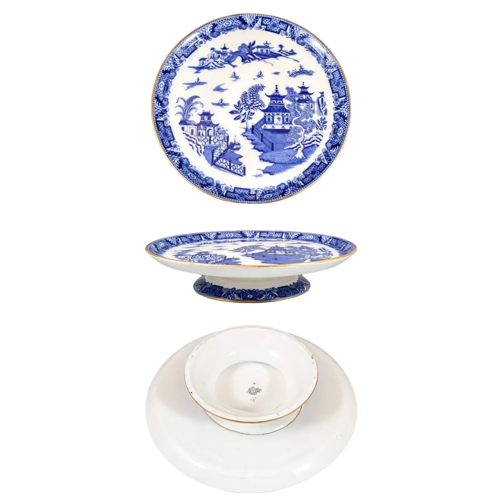 1917 Royal Worcester Chinoiserie Blue Willow porcelain 14 piece coffee service for 6 persons with tazza, cups, saucers and coffeepot