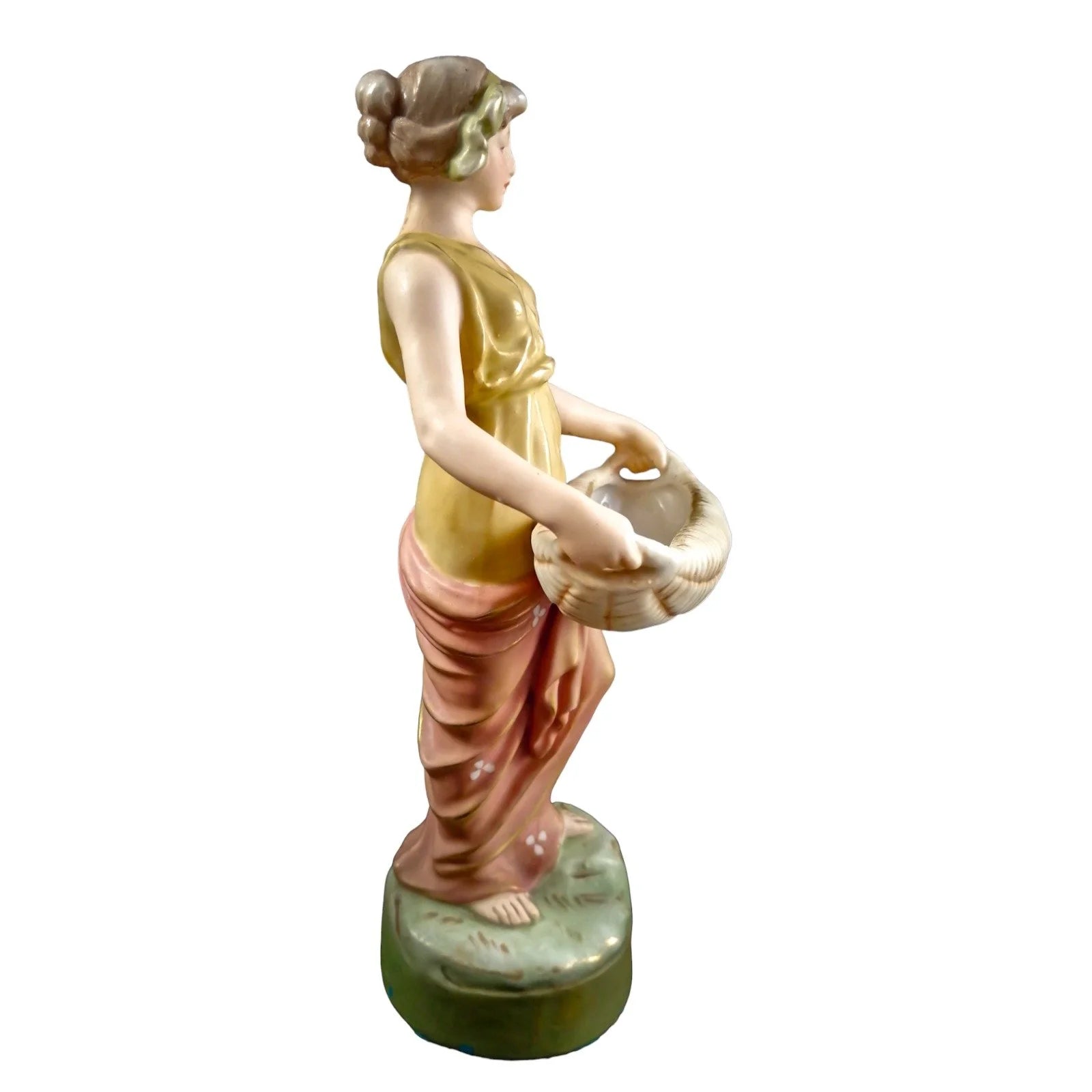 Antique Royal Dux figurine of young woman with papyrus basket, model 2077, circa 1900