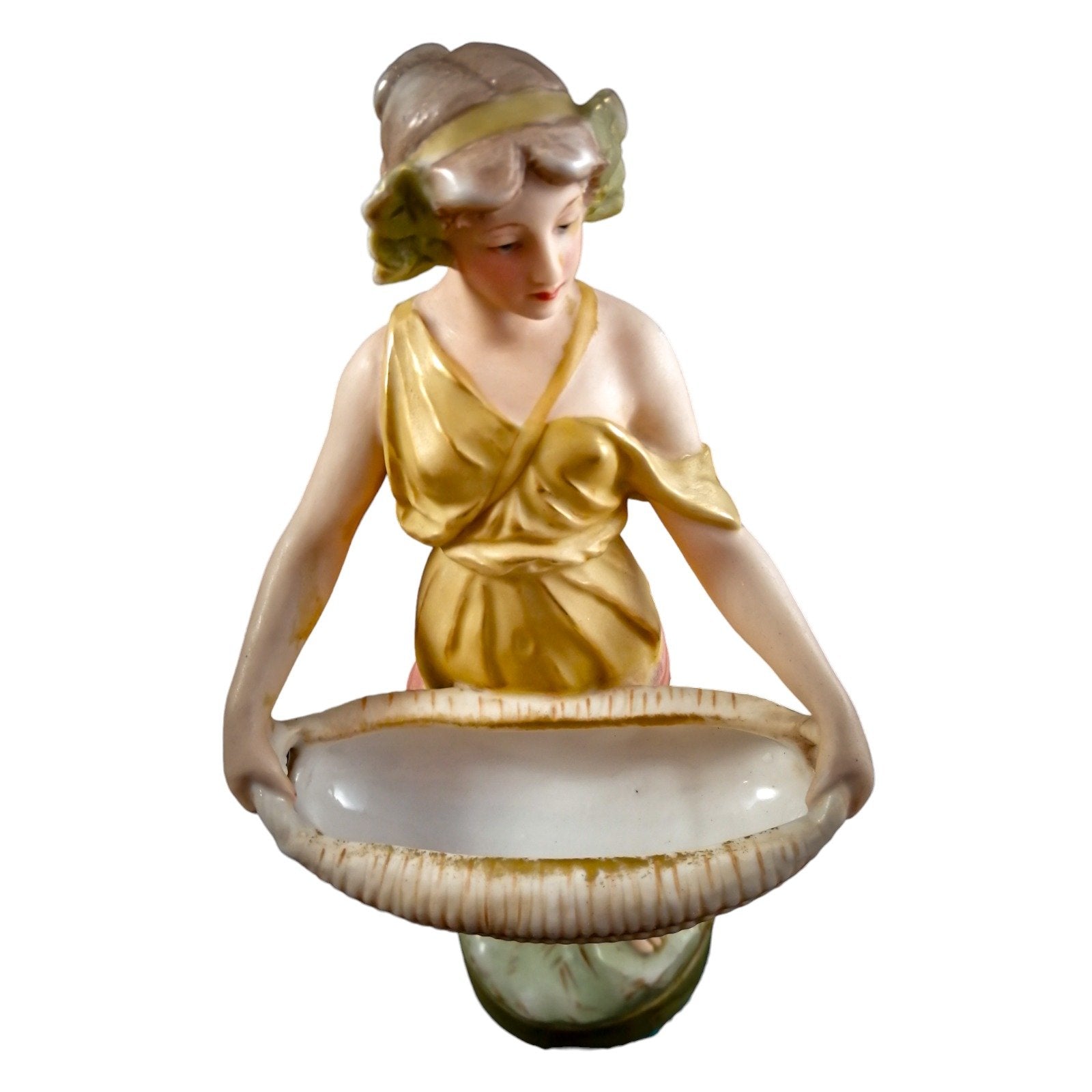 Antique Royal Dux figurine of young woman with papyrus basket, model 2077, circa 1900