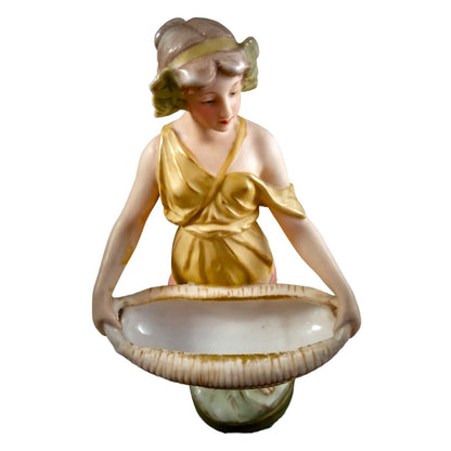 Antique Royal Dux figurine of young woman with papyrus basket, model 2077, circa 1900