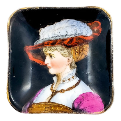 19th Century German KPM square miniature porcelain bowl / pin trinket dish with portrait of lady in feather plume hat