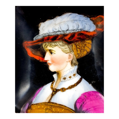 19th Century German KPM square miniature porcelain bowl / pin trinket dish with portrait of lady in feather plume hat