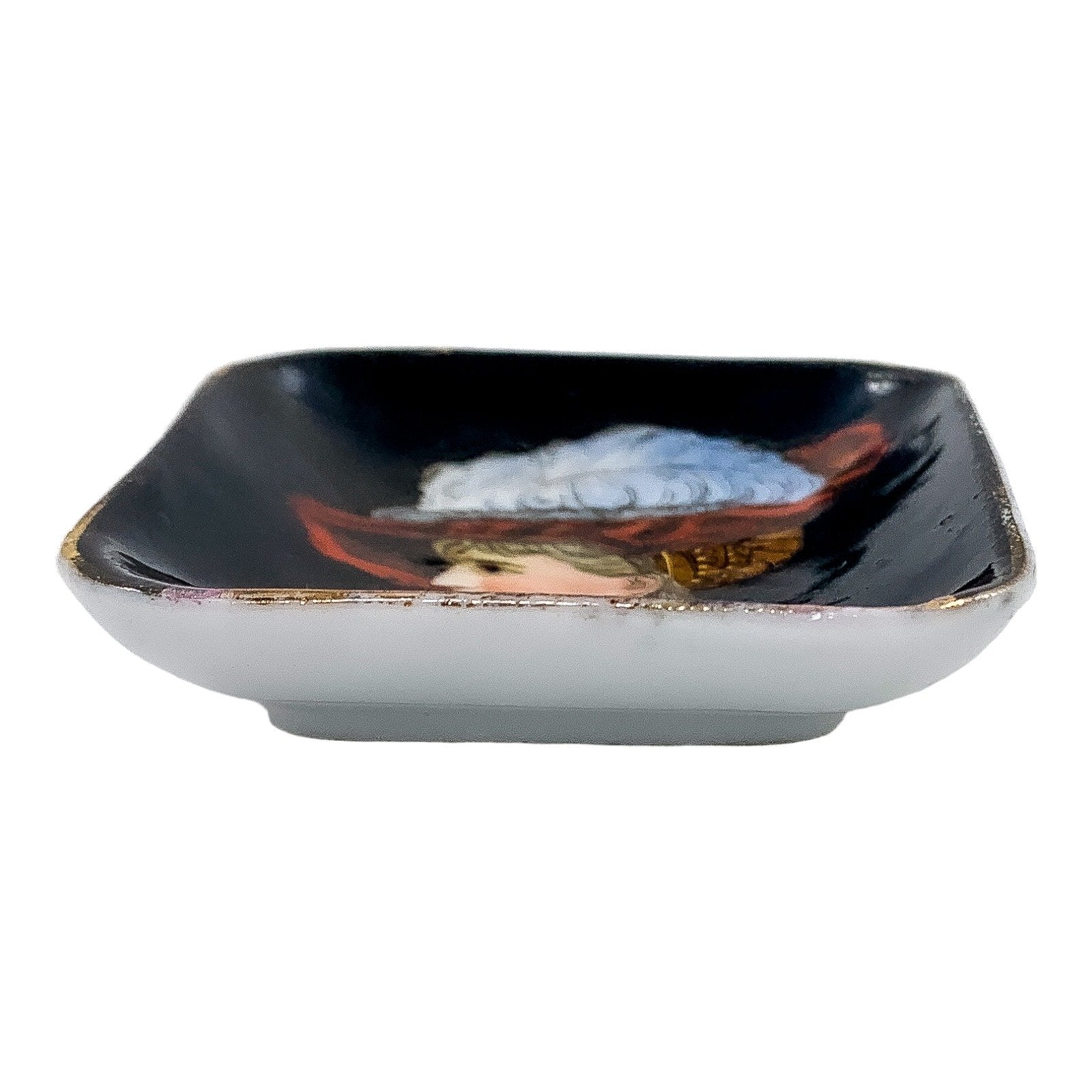 19th Century German KPM square miniature porcelain bowl / pin trinket dish with portrait of lady in feather plume hat
