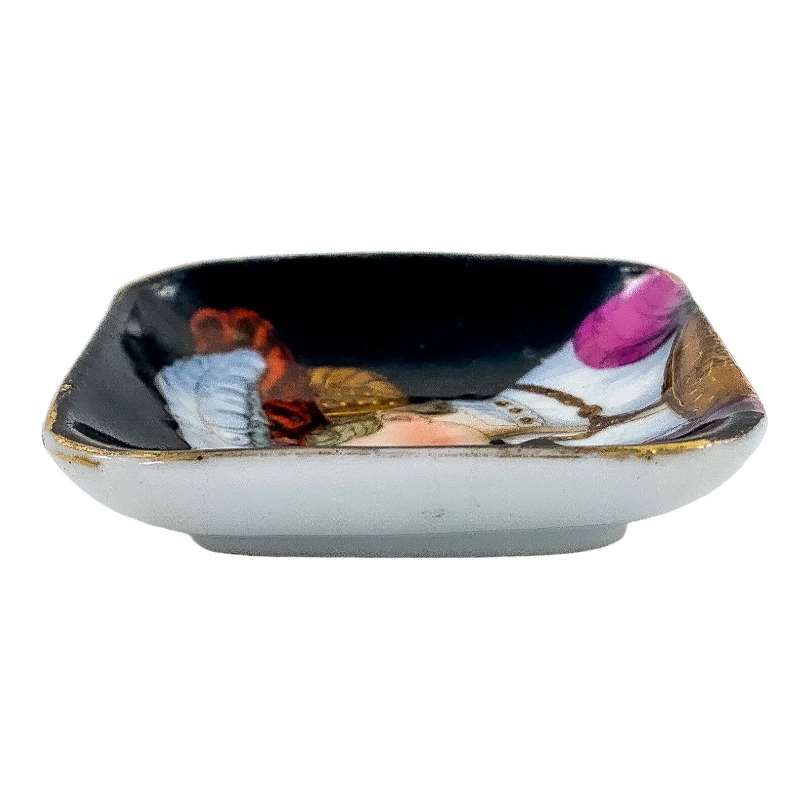 19th Century German KPM square miniature porcelain bowl / pin trinket dish with portrait of lady in feather plume hat