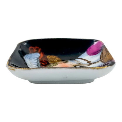 19th Century German KPM square miniature porcelain bowl / pin trinket dish with portrait of lady in feather plume hat