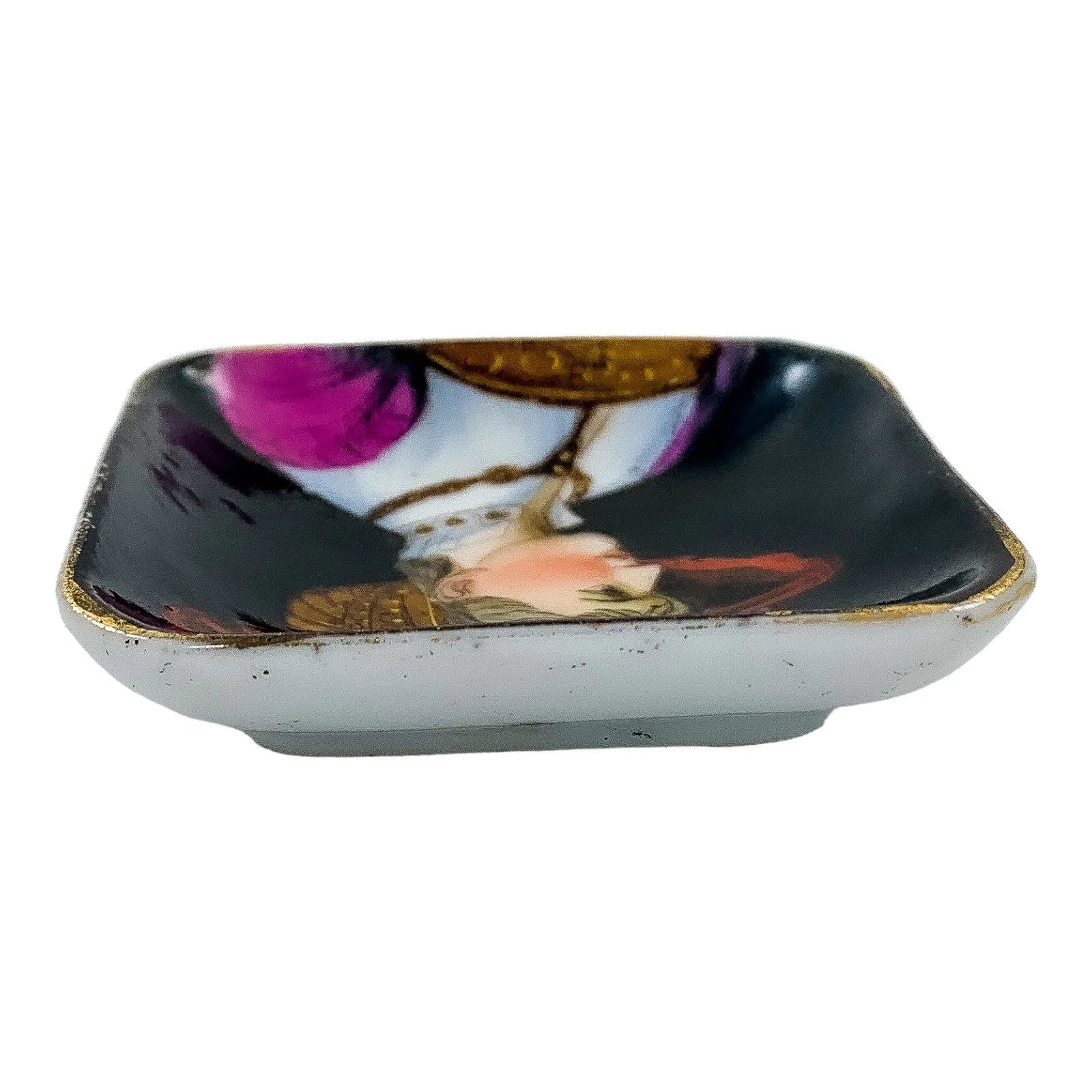 19th Century German KPM square miniature porcelain bowl / pin trinket dish with portrait of lady in feather plume hat