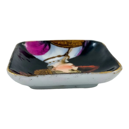 19th Century German KPM square miniature porcelain bowl / pin trinket dish with portrait of lady in feather plume hat