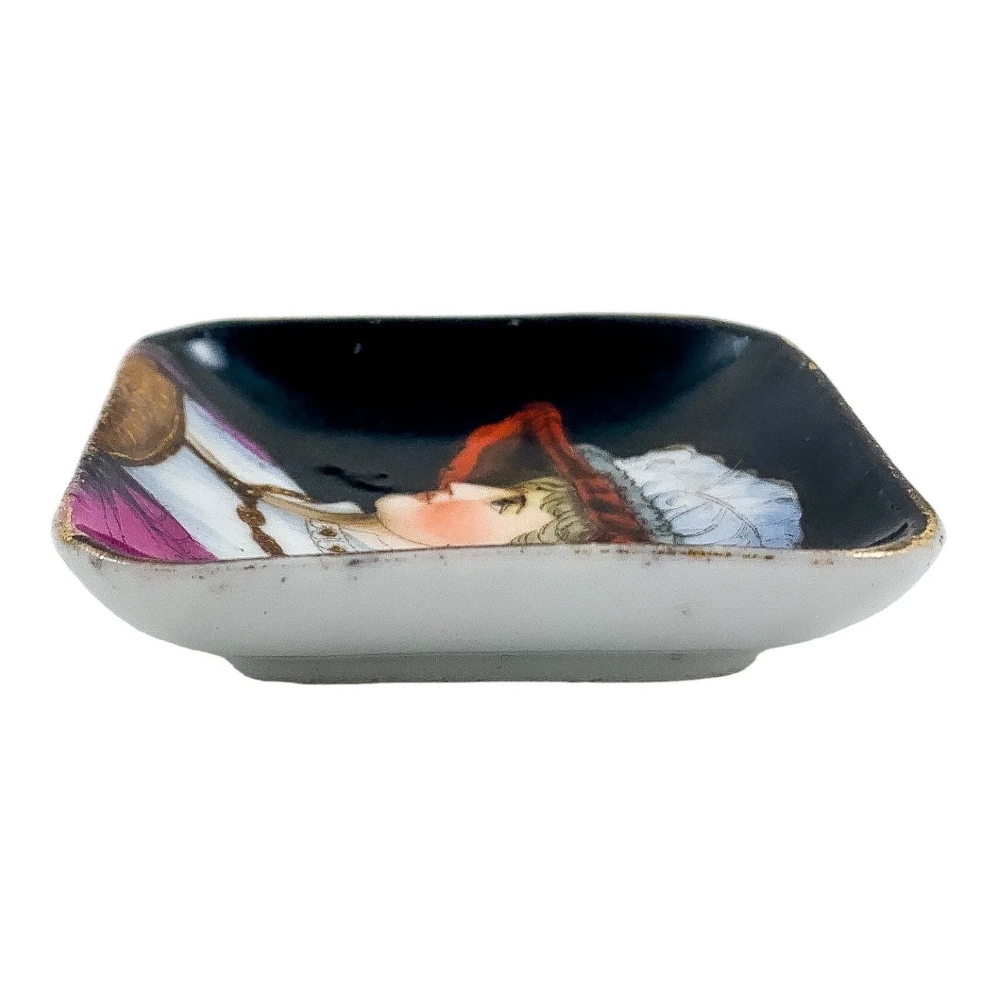 19th Century German KPM square miniature porcelain bowl / pin trinket dish with portrait of lady in feather plume hat
