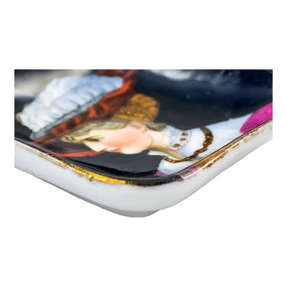 19th Century German KPM square miniature porcelain bowl / pin trinket dish with portrait of lady in feather plume hat