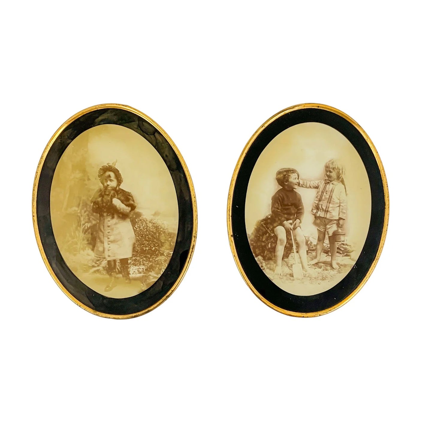 Victorian pair of wall ambrotype photos in gilt brass frames of small children “Bless my heart how cold it is”