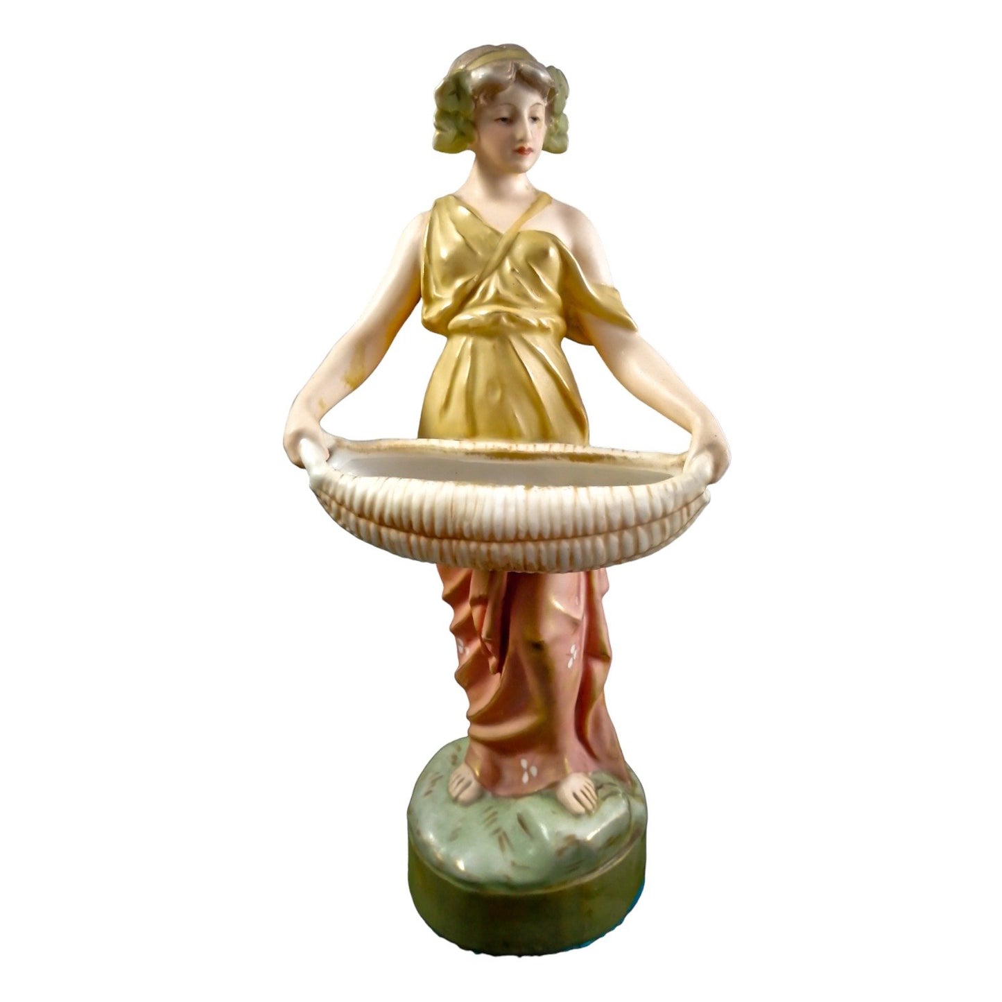 Antique Royal Dux figurine of young woman with papyrus basket, model 2077, circa 1900
