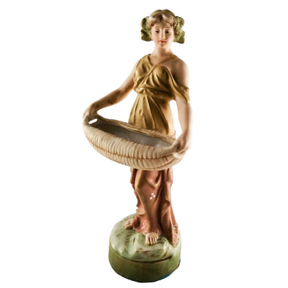 Antique Royal Dux figurine of young woman with papyrus basket, model 2077, circa 1900