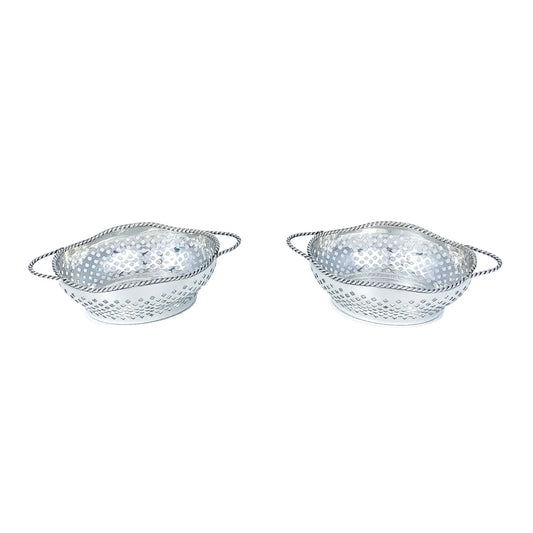 Edwardian sterling silver bonbon baskets with C-form handles and pierced geometric design