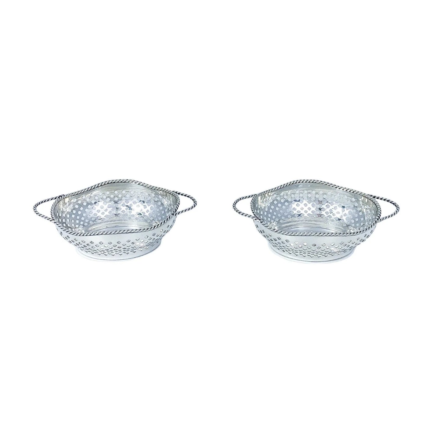Edwardian sterling silver bonbon baskets with C-form handles and pierced geometric design