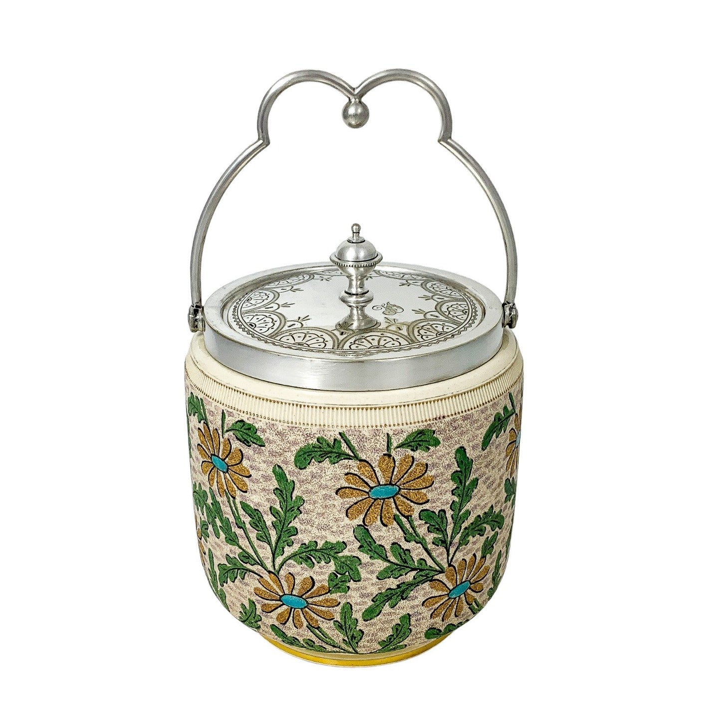 Victorian ceramic biscuit barrel with gold and blue daisies and silver-plated lid