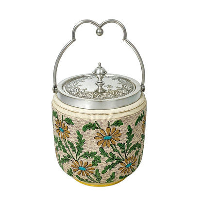 Victorian ceramic biscuit barrel with gold and blue daisies and silver-plated lid
