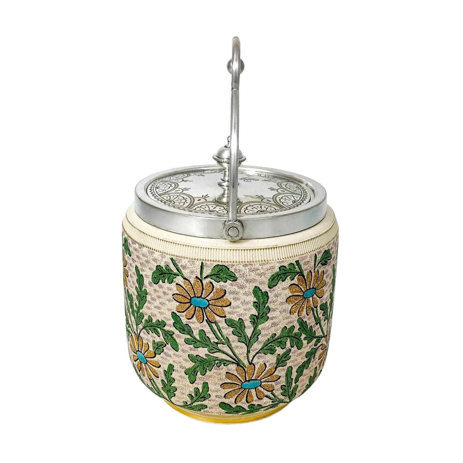 Victorian ceramic biscuit barrel with gold and blue daisies and silver-plated lid