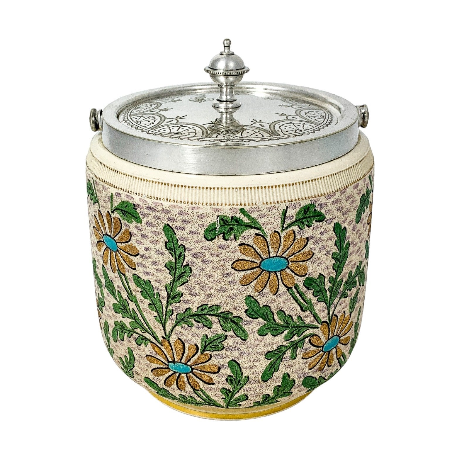 Victorian ceramic biscuit barrel with gold and blue daisies and silver-plated lid