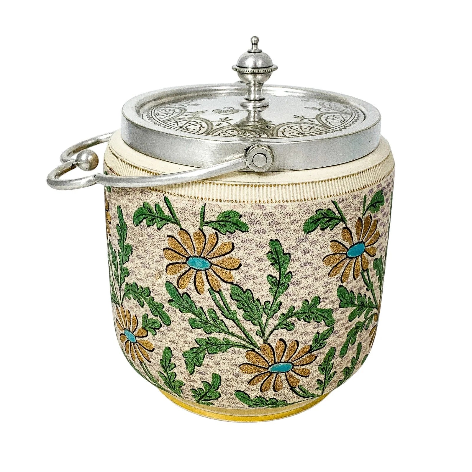 Victorian ceramic biscuit barrel with gold and blue daisies and silver-plated lid