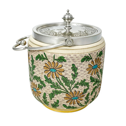 Victorian ceramic biscuit barrel with gold and blue daisies and silver-plated lid