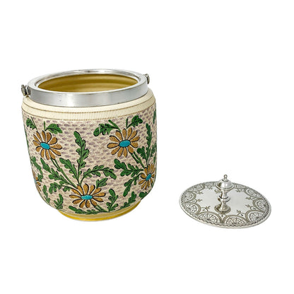 Victorian ceramic biscuit barrel with gold and blue daisies and silver-plated lid