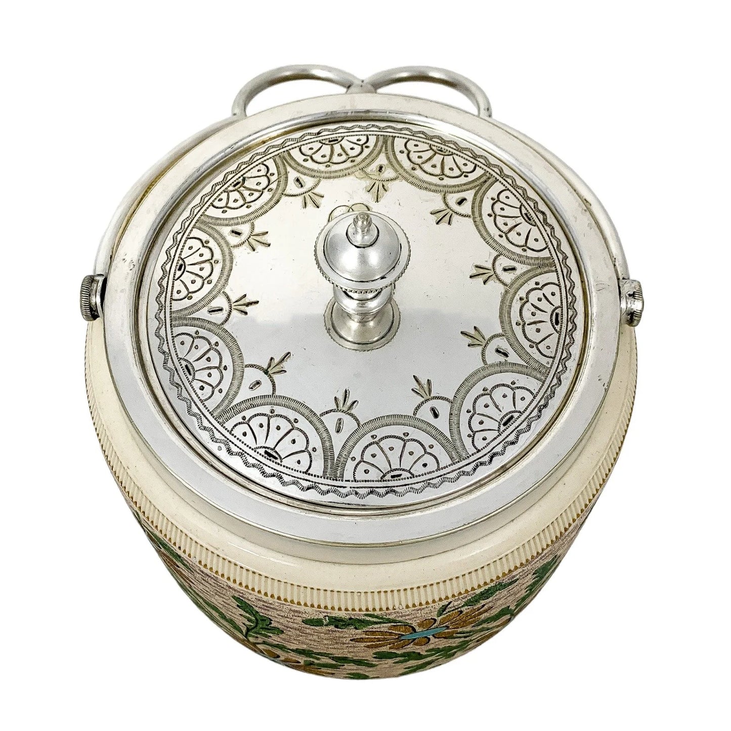 Victorian ceramic biscuit barrel with gold and blue daisies and silver-plated lid