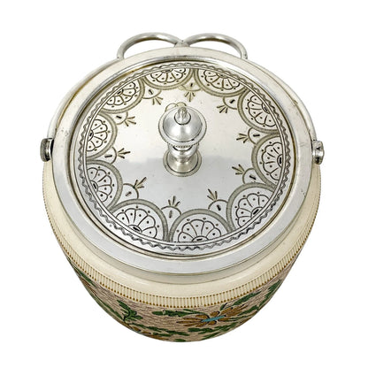 Victorian ceramic biscuit barrel with gold and blue daisies and silver-plated lid