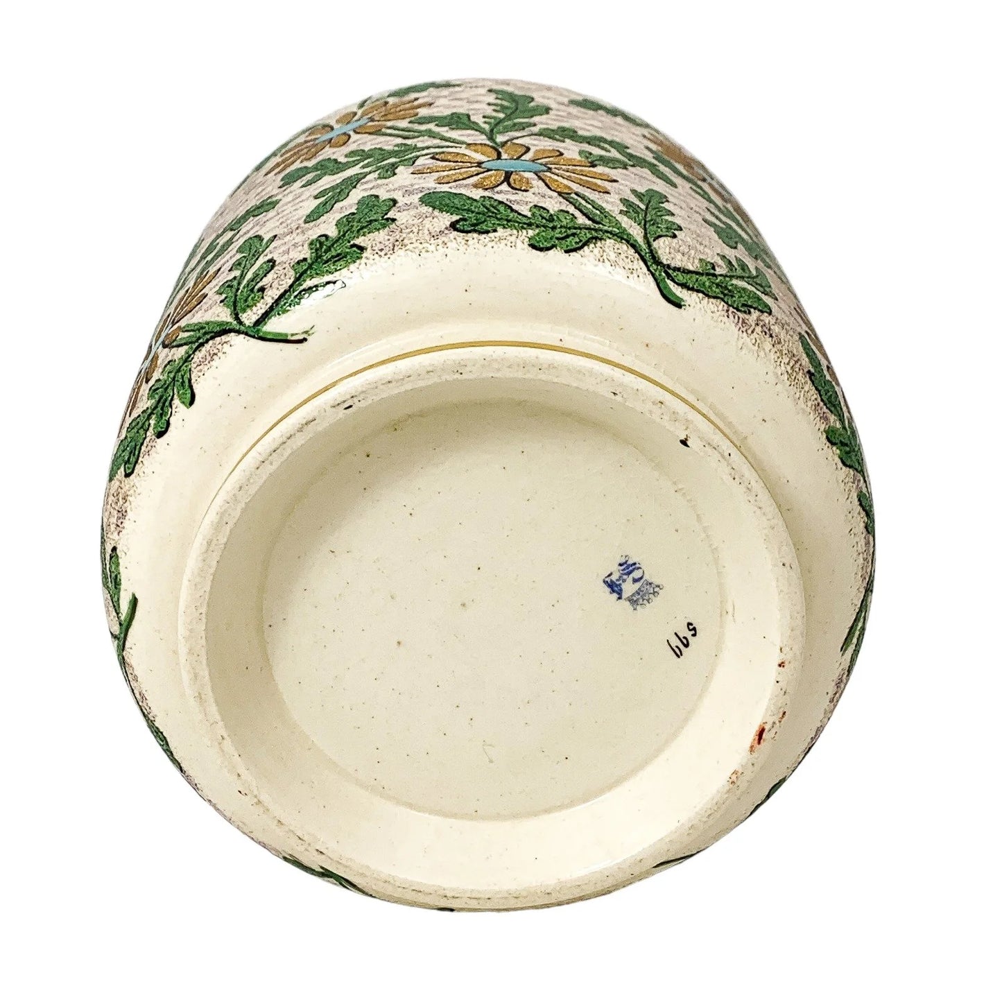 Victorian ceramic biscuit barrel with gold and blue daisies and silver-plated lid