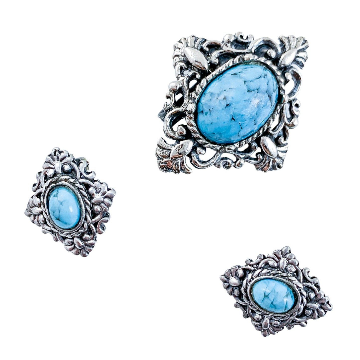 Vintage 1970s Czechoslovakian silvered brooch and ear clips set with blue Peking glass